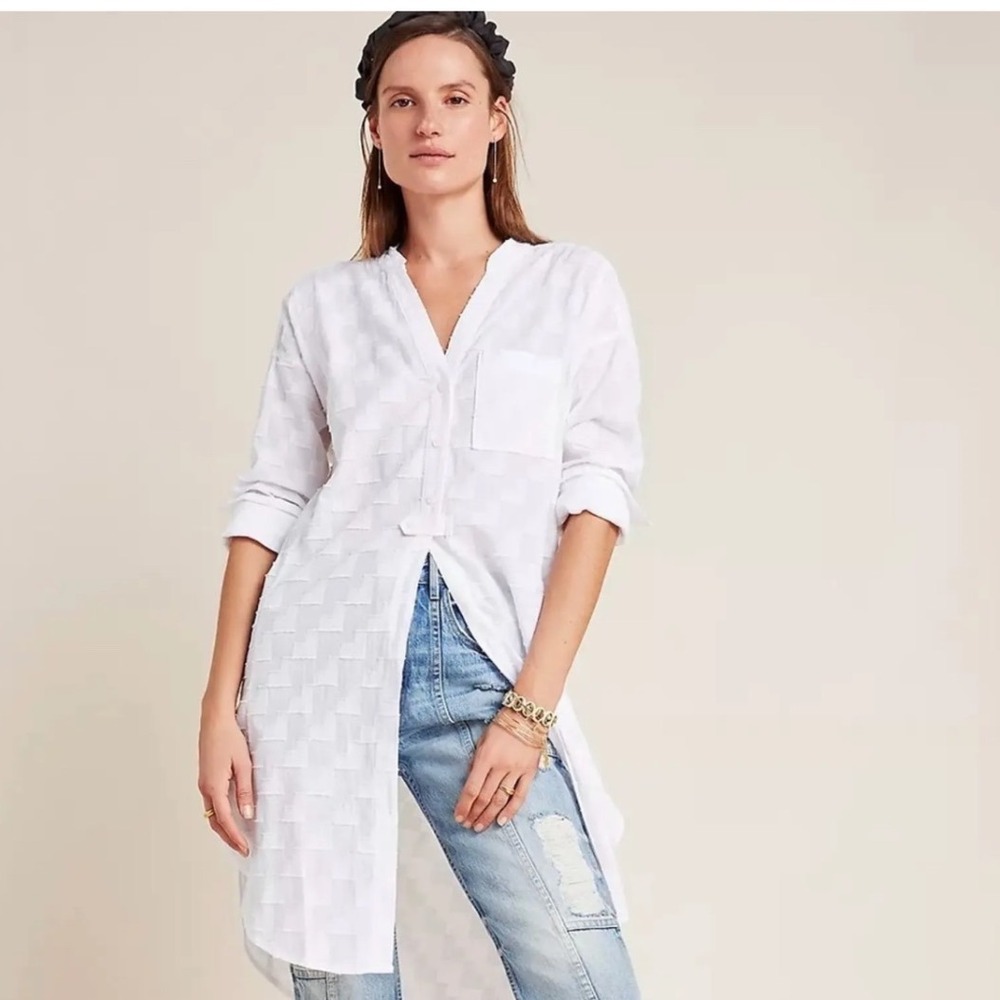 Maeve Anthropologie White Cotton Textured Jacquard Tunic Button Shirt Coverup